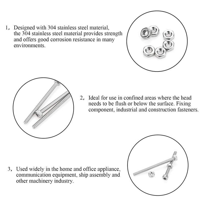 DYWISHKEY 200 Pieces M3 x 30mm/35mm/40mm/45mm/50mm Stainless Steel 304 Hex Socket Head Cap Bolts Screws and Nuts Kit - Image 4